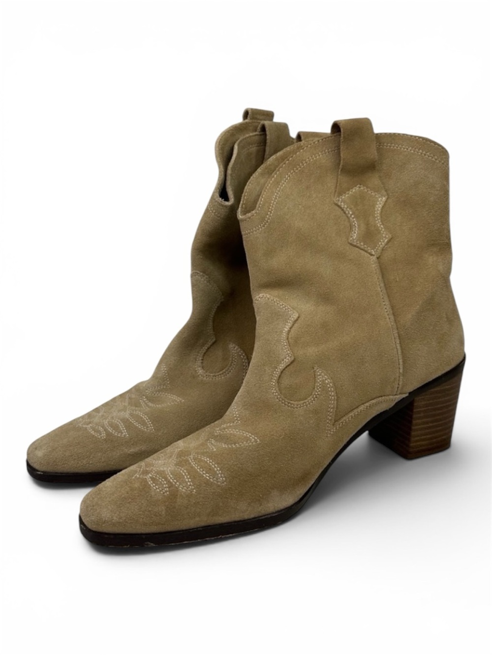 Zara Split Suede Embroidered Heel Cowboy Boot Tan 10